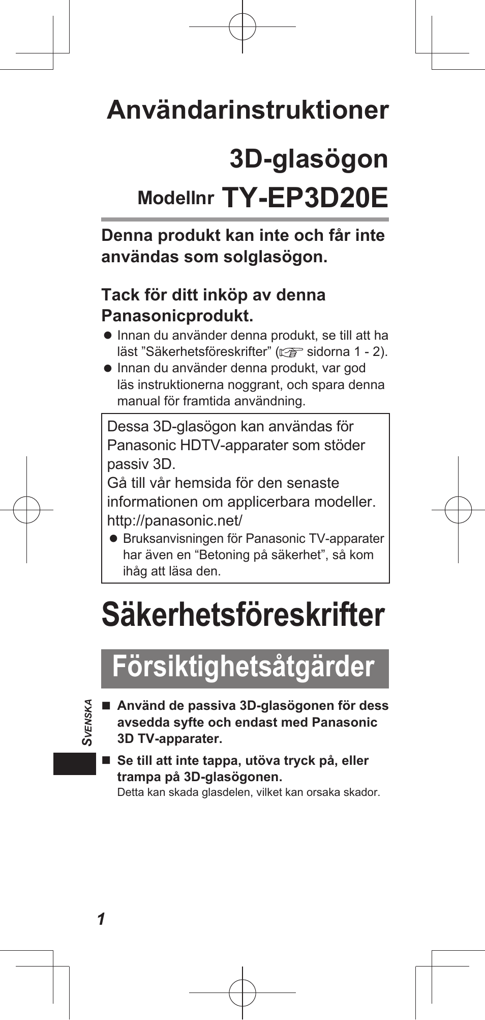 Säkerhetsföreskrifter, Försiktighetsåtgärder, Ty-ep3d20e | Användarinstruktioner 3d-glasögon, Modellnr | Panasonic TYEP3D20E User Manual | Page 34 / 88