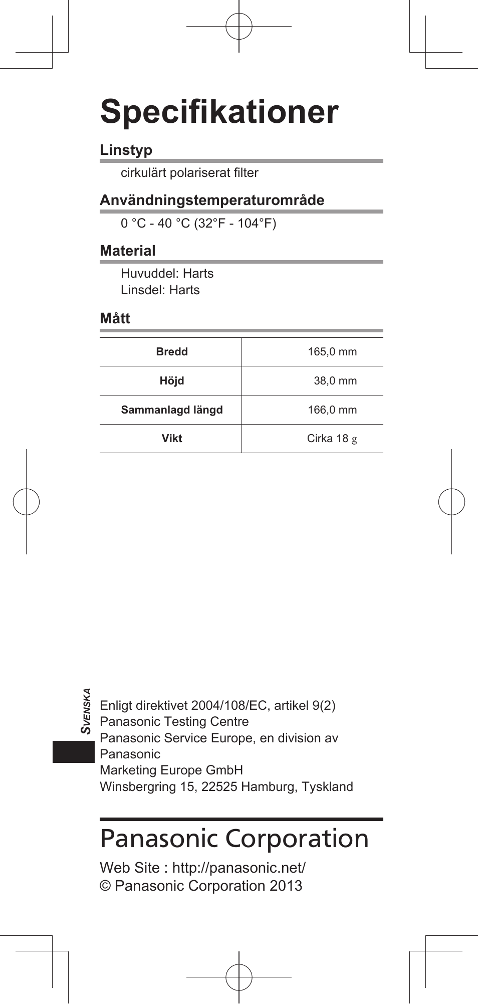 Specifi kationer, Panasonic corporation | Panasonic TYEP3D20E User Manual | Page 36 / 88