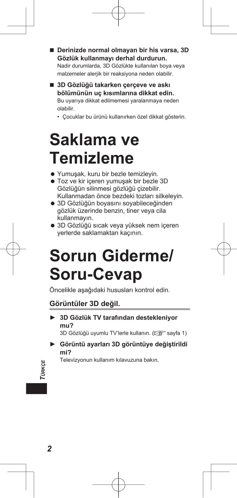 Saklama ve temizleme, Sorun giderme/ soru-cevap | Panasonic TYEP3D20E User Manual | Page 38 / 88