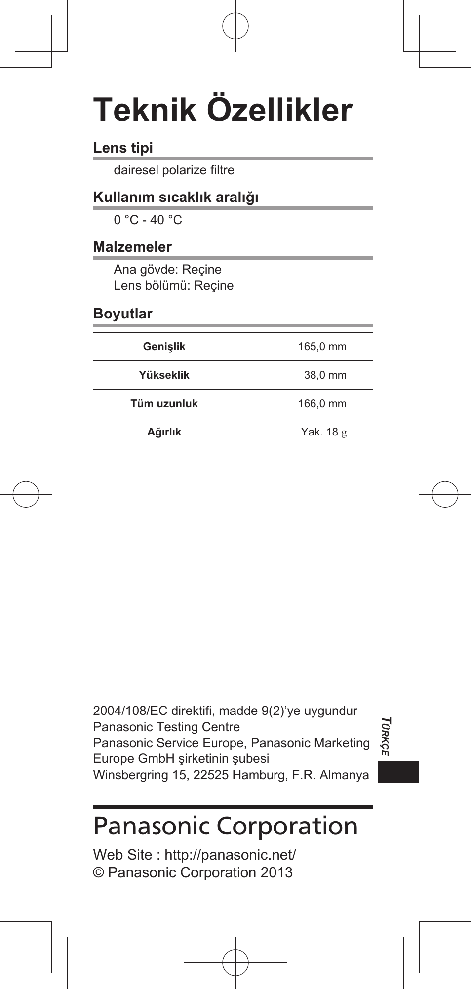 Teknik özellikler, Panasonic corporation | Panasonic TYEP3D20E User Manual | Page 39 / 88