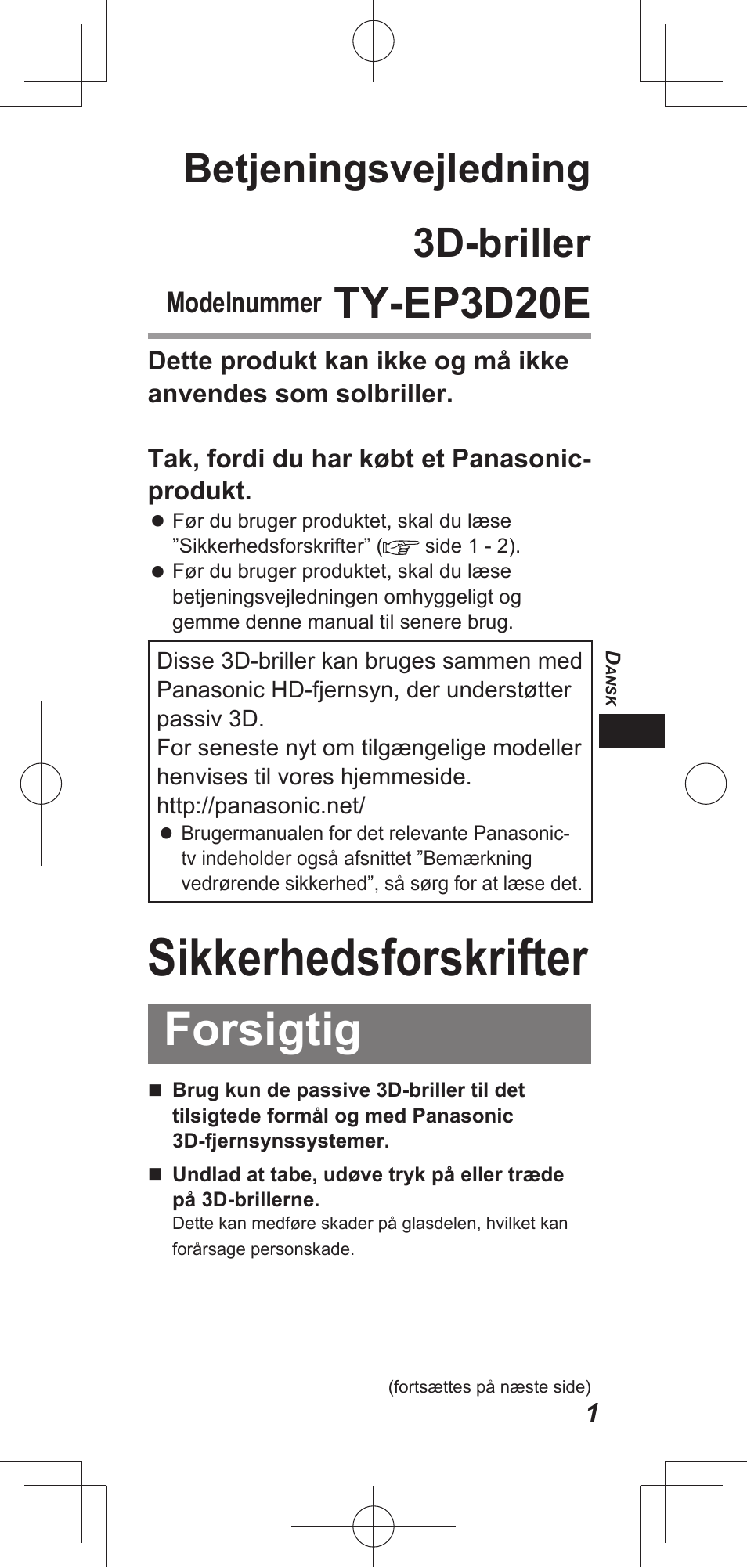 Sikkerhedsforskrifter, Forsigtig, Ty-ep3d20e | Betjeningsvejledning 3d-briller, Modelnummer | Panasonic TYEP3D20E User Manual | Page 5 / 88