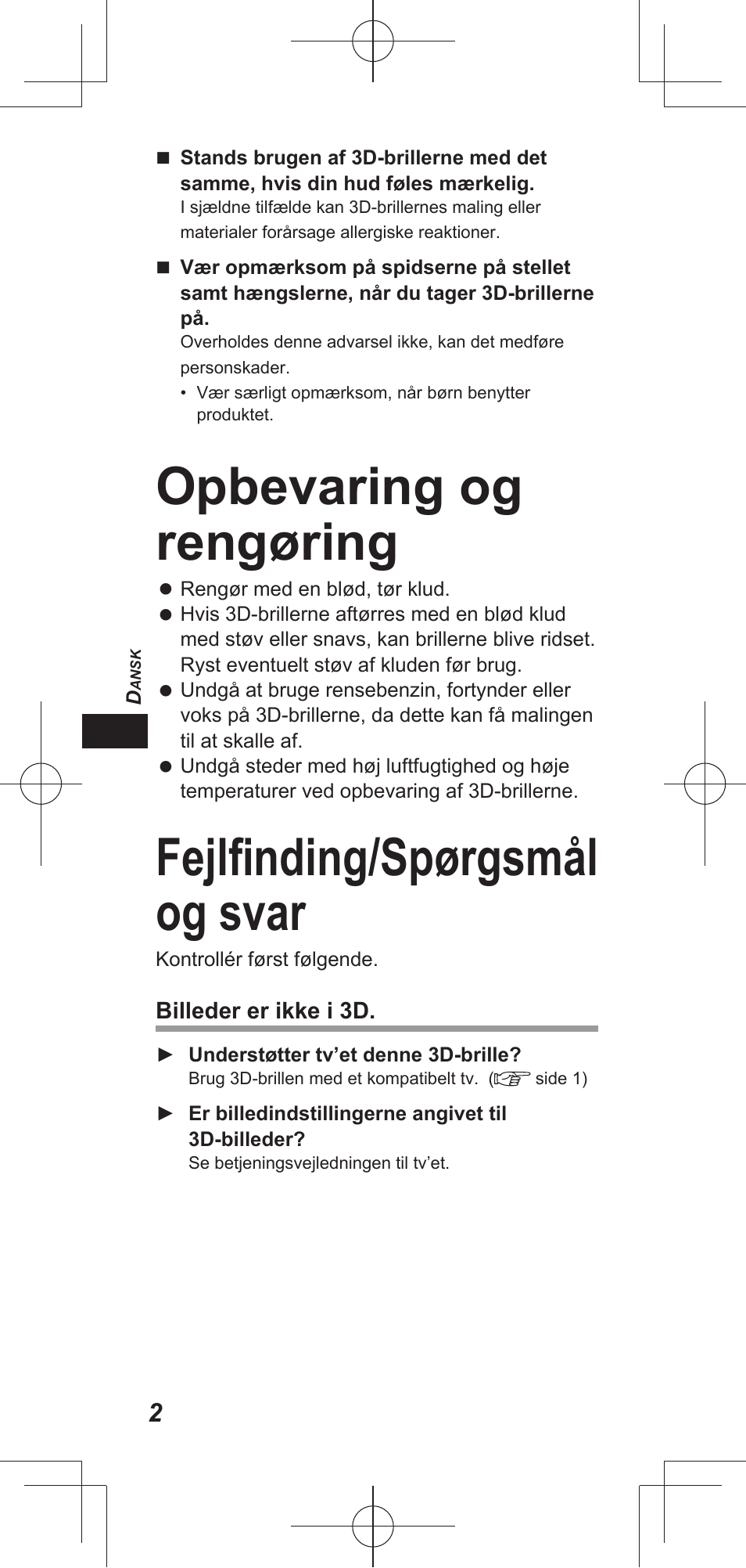 Opbevaring og rengøring, Fejlfi nding/spørgsmål og svar | Panasonic TYEP3D20E User Manual | Page 6 / 88