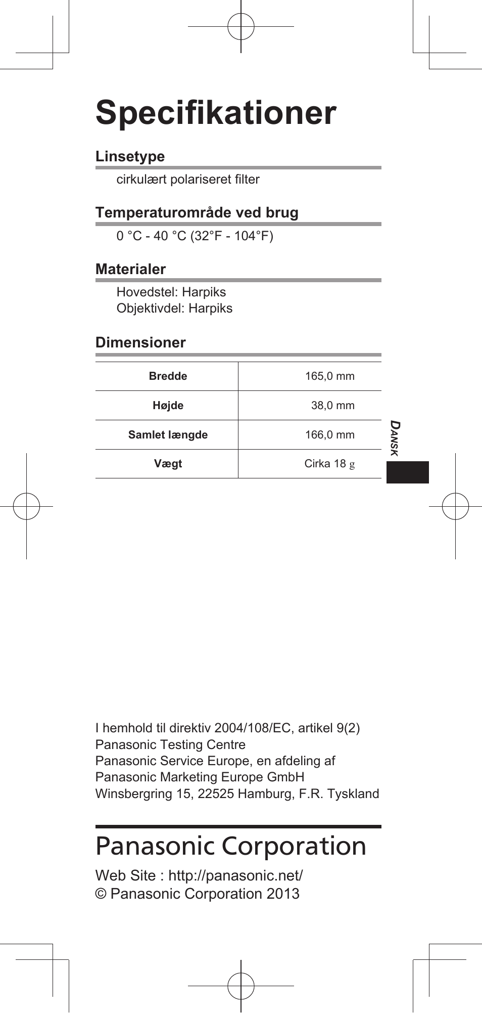 Specifi kationer, Panasonic corporation | Panasonic TYEP3D20E User Manual | Page 7 / 88