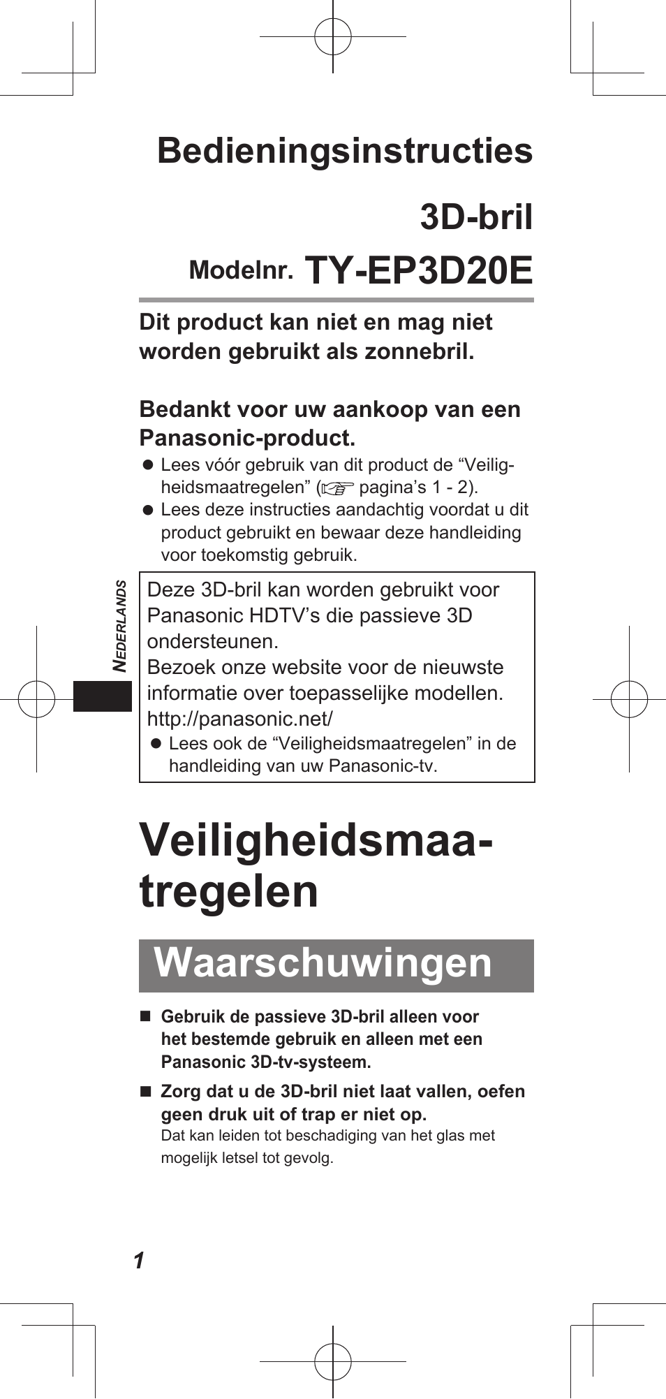 Veiligheidsmaa- tregelen, Waarschuwingen, Ty-ep3d20e | Bedieningsinstructies 3d-bril | Panasonic TYEP3D20E User Manual | Page 8 / 88