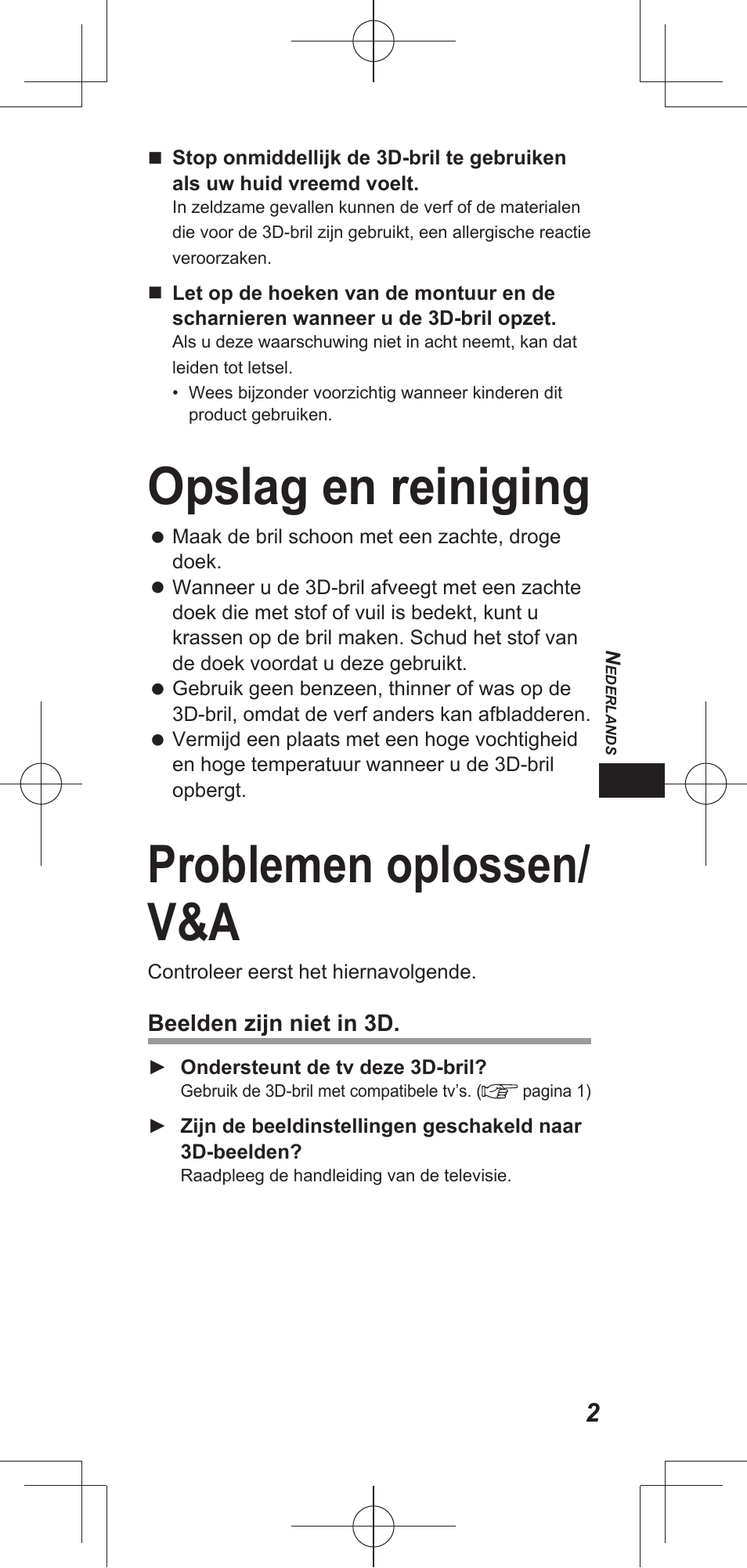 Opslag en reiniging, Problemen oplossen/ v&a | Panasonic TYEP3D20E User Manual | Page 9 / 88