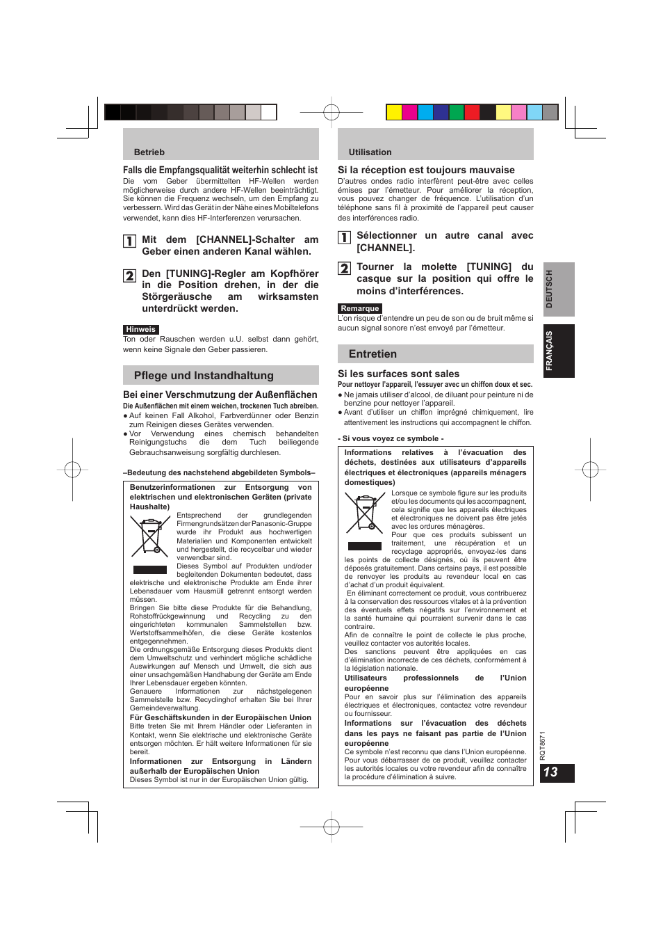 Pfl ege und instandhaltung, Entretien | Panasonic RPWF810 User Manual | Page 13 / 76