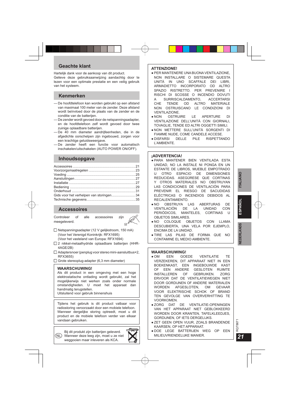 Geachte klant, Kenmerken, Inhoudsopgave | Accessoires | Panasonic RPWF810 User Manual | Page 21 / 76