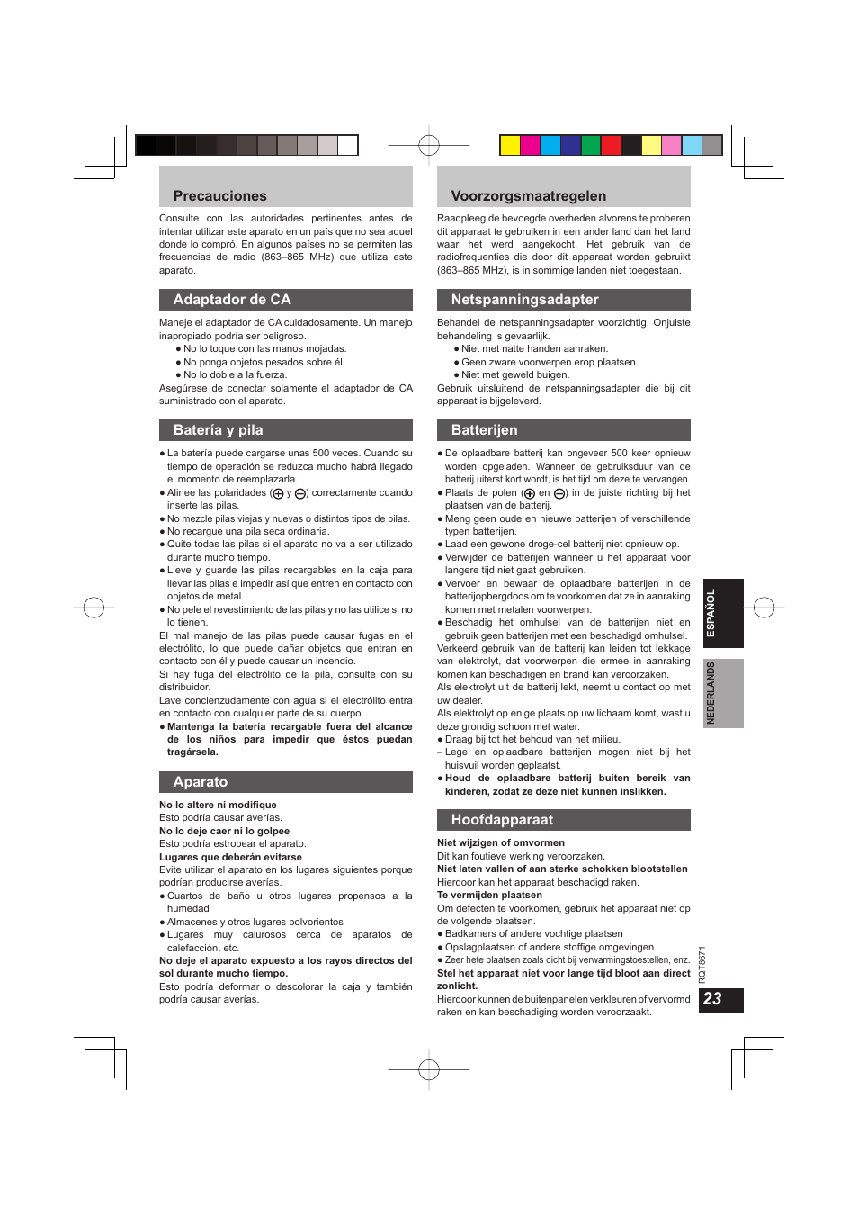 Precauciones, Adaptador de ca, Batería y pila | Aparato, Voorzorgsmaatregelen, Netspanningsadapter, Batterijen, Hoofdapparaat | Panasonic RPWF810 User Manual | Page 23 / 76