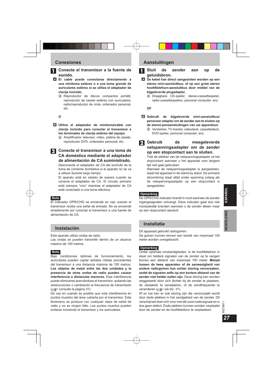 Conexiones, Instalación, Aansluitingen | Installatie | Panasonic RPWF810 User Manual | Page 27 / 76