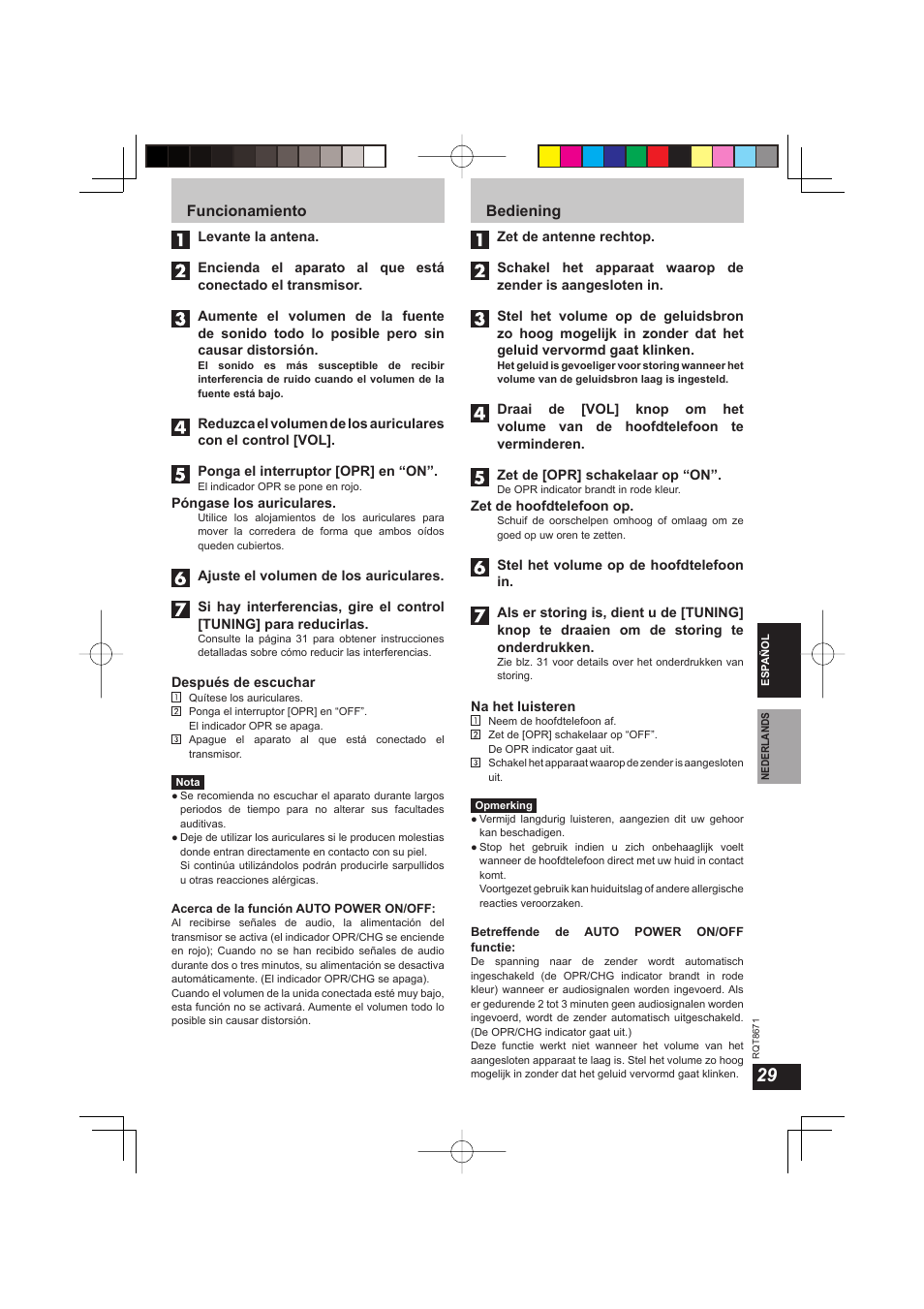 Funcionamiento, Bediening | Panasonic RPWF810 User Manual | Page 29 / 76