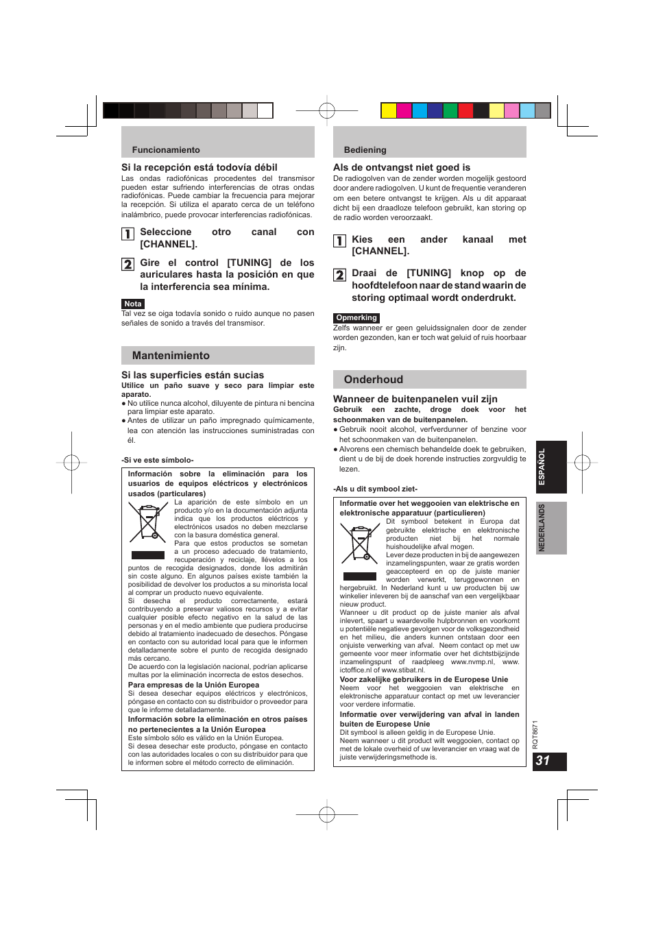 Mantenimiento, Onderhoud | Panasonic RPWF810 User Manual | Page 31 / 76