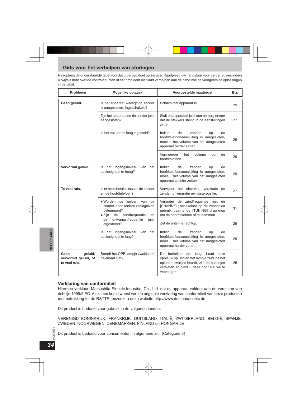 Gids voor het verhelpen van storingen | Panasonic RPWF810 User Manual | Page 34 / 76
