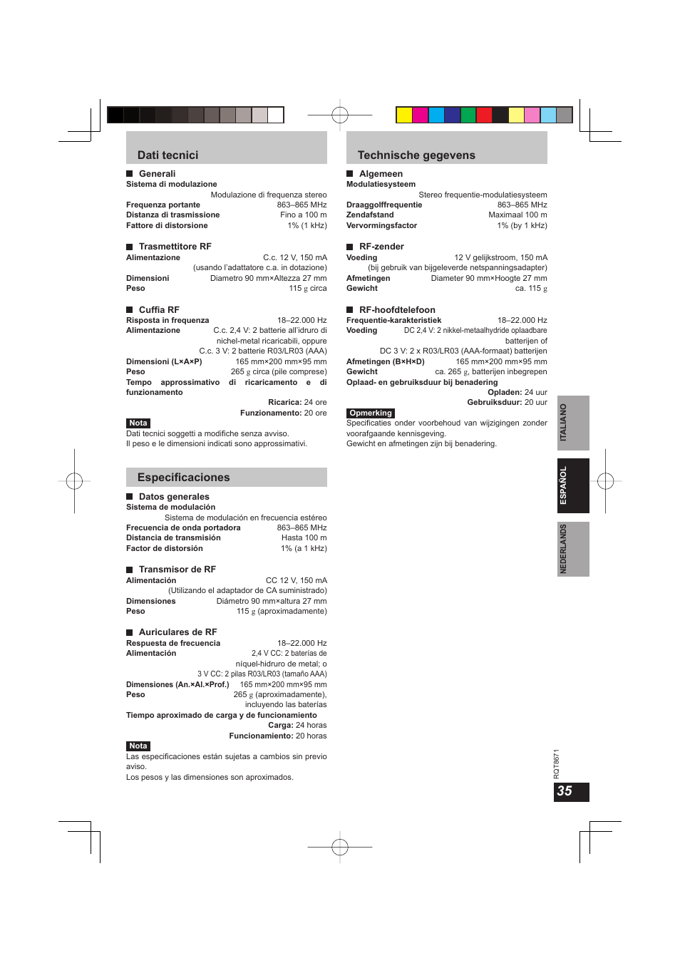Dati tecnici, Especifi caciones, Technische gegevens | Panasonic RPWF810 User Manual | Page 35 / 76