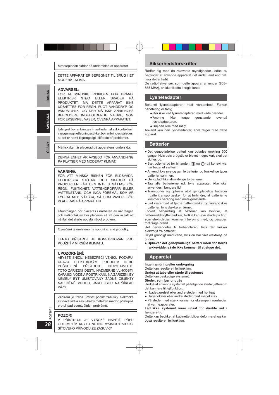 Sikkerhedsforskrifter, Lysnetadapter, Batterier | Apparatet | Panasonic RPWF810 User Manual | Page 38 / 76