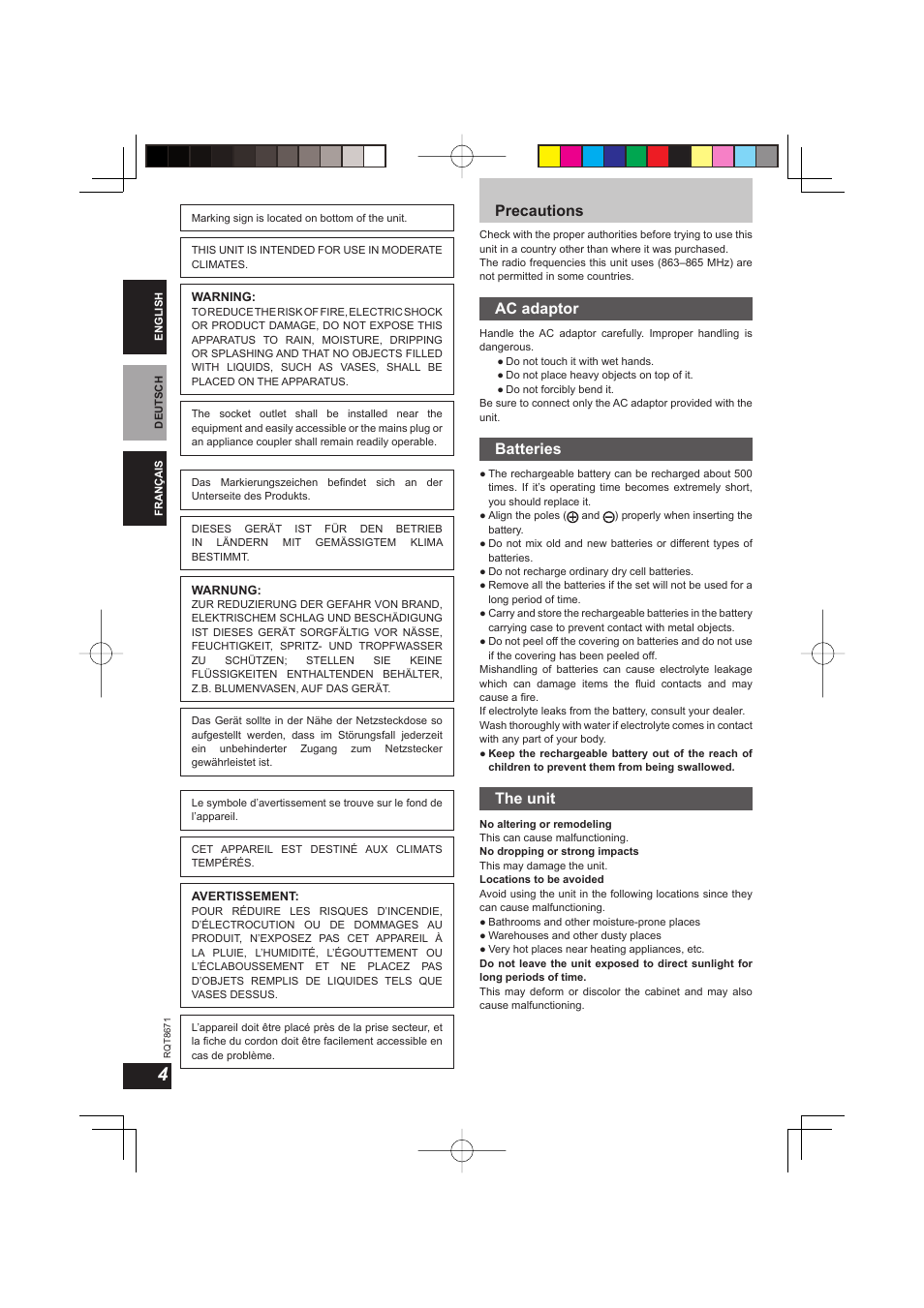 Precautions, Ac adaptor, Batteries | The unit | Panasonic RPWF810 User Manual | Page 4 / 76
