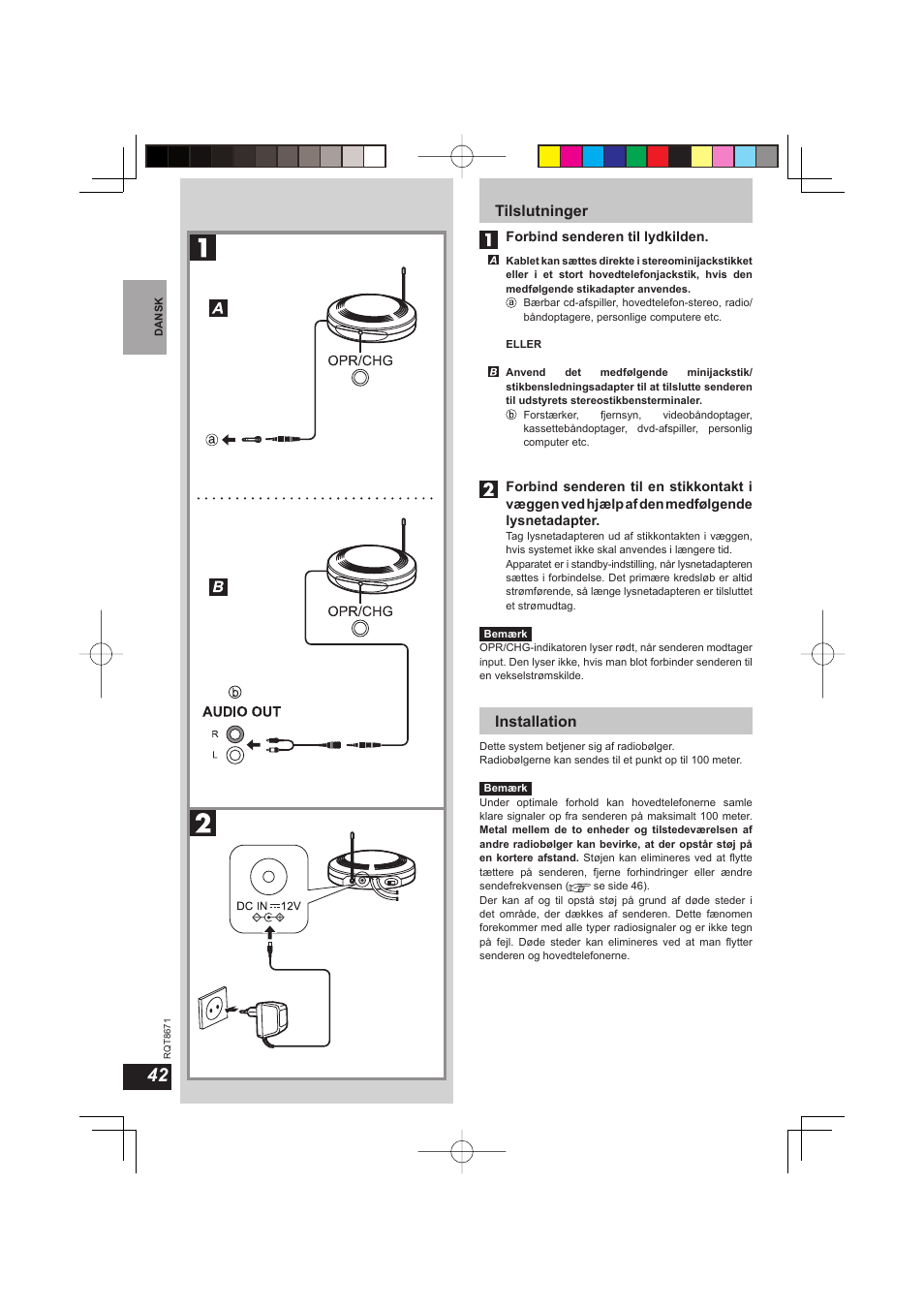 Tilslutninger, Installation | Panasonic RPWF810 User Manual | Page 42 / 76