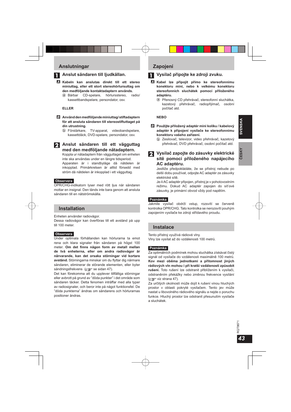 Anslutningar, Installation, Zapojení | Instalace | Panasonic RPWF810 User Manual | Page 43 / 76