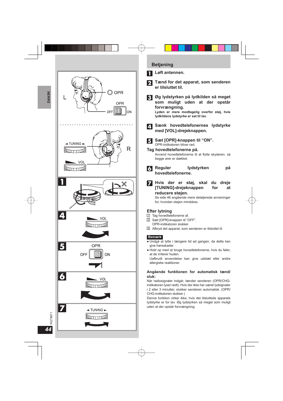 Betjening | Panasonic RPWF810 User Manual | Page 44 / 76