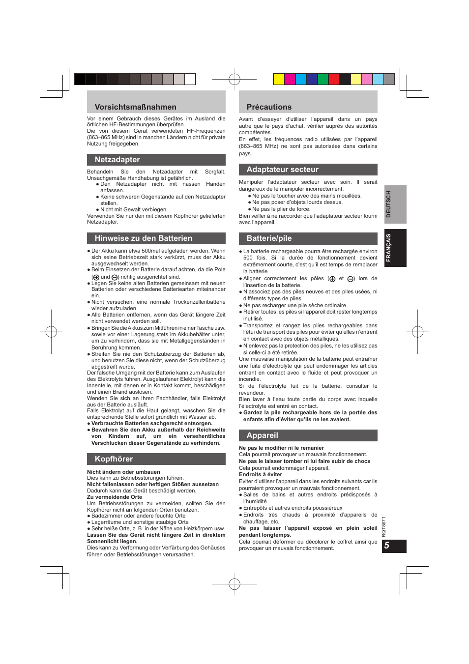 Vorsichtsmaßnahmen, Netzadapter, Hinweise zu den batterien | Kopfhörer, Précautions, Adaptateur secteur, Batterie/pile, Appareil | Panasonic RPWF810 User Manual | Page 5 / 76