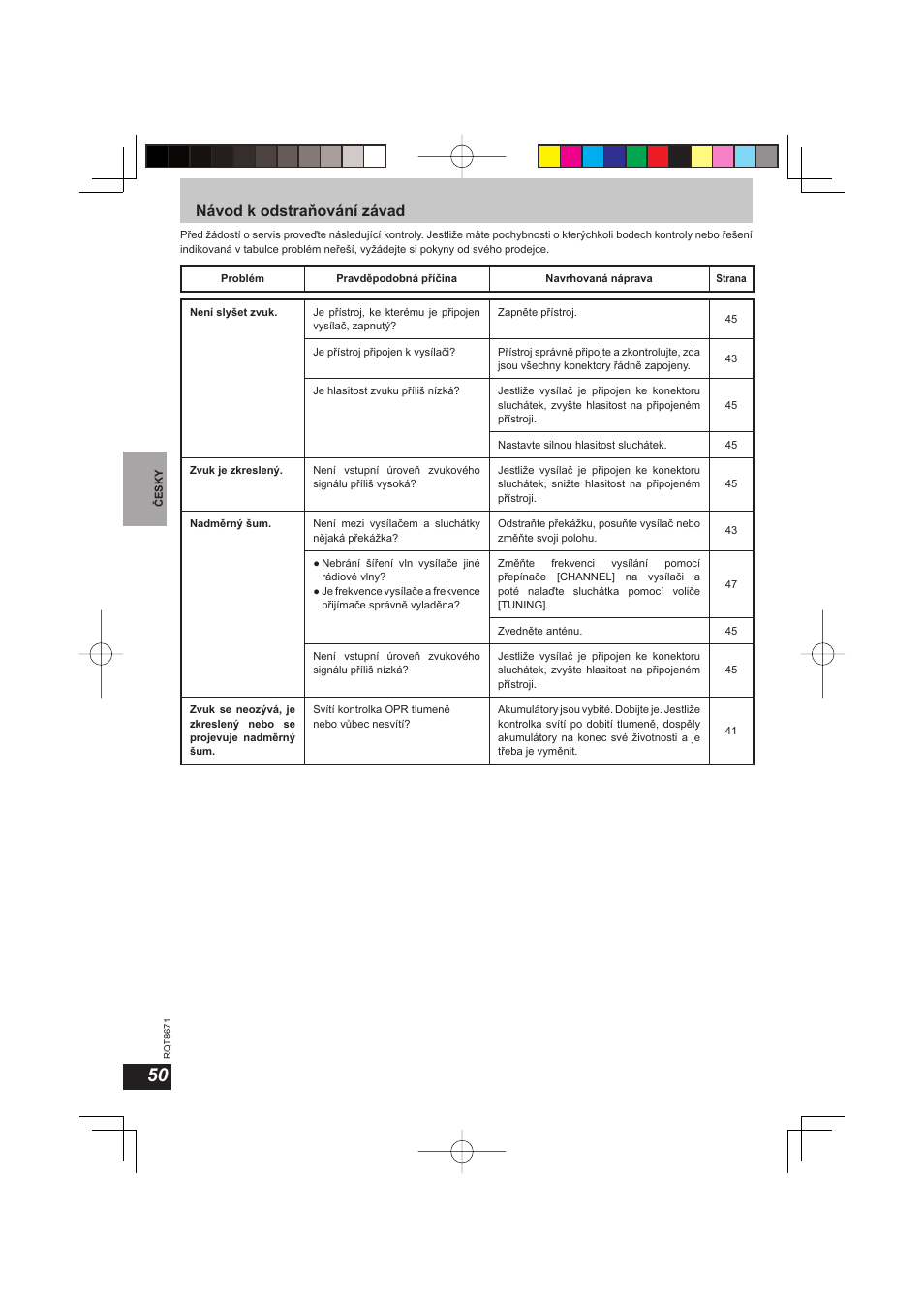 Návod k odstraňování závad | Panasonic RPWF810 User Manual | Page 50 / 76