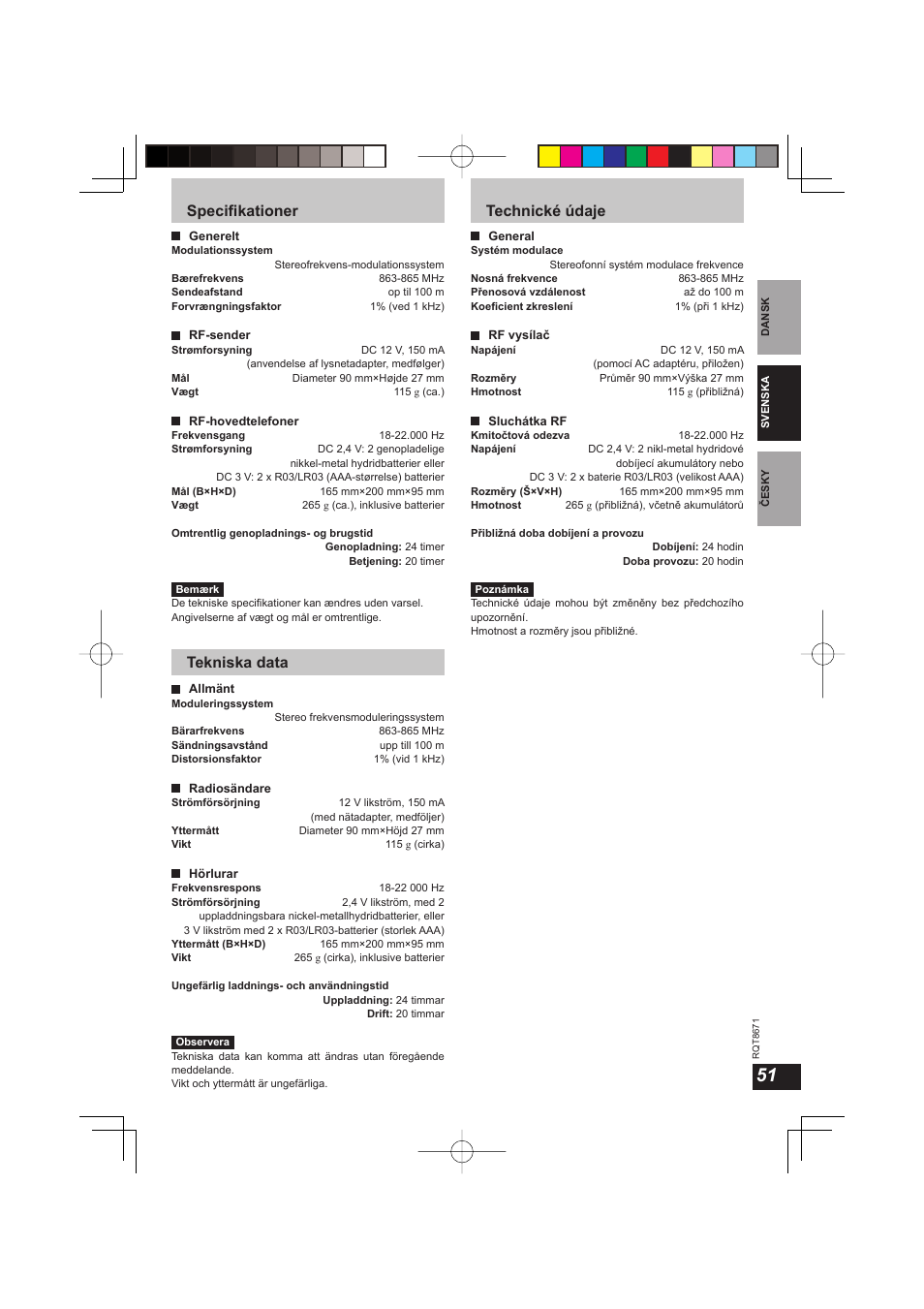 Specifi kationer, Tekniska data, Technické údaje | Panasonic RPWF810 User Manual | Page 51 / 76