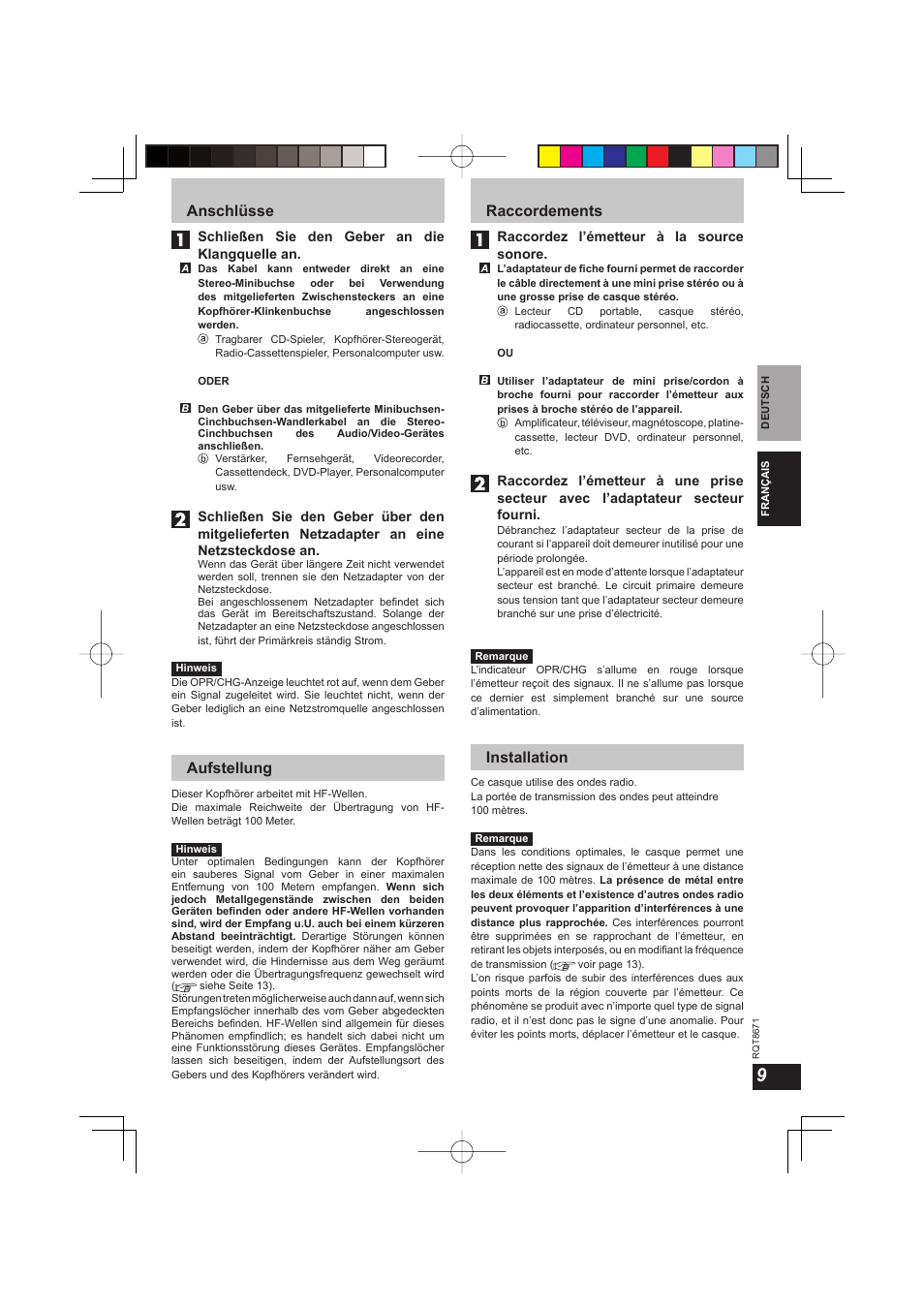 Anschlüsse, Aufstellung, Raccordements | Installation | Panasonic RPWF810 User Manual | Page 9 / 76