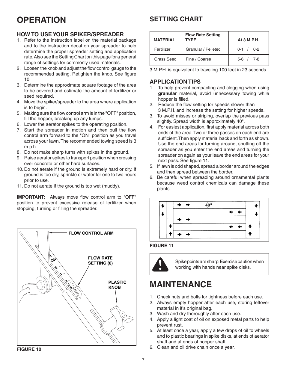 Operation, Maintenance, Setting chart | Agri-Fab 45-03011 User Manual | Page 7 / 12