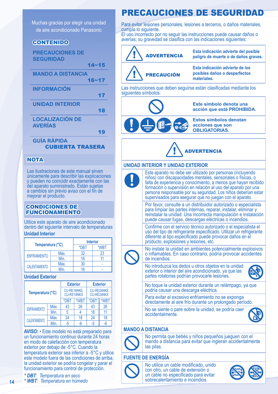 Precauciones de seguridad | Panasonic CSRE24NKX User Manual | Page 14 / 40