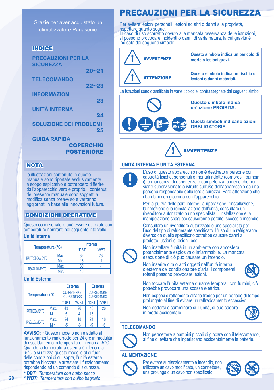 Precauzioni per la sicurezza | Panasonic CSRE24NKX User Manual | Page 20 / 40