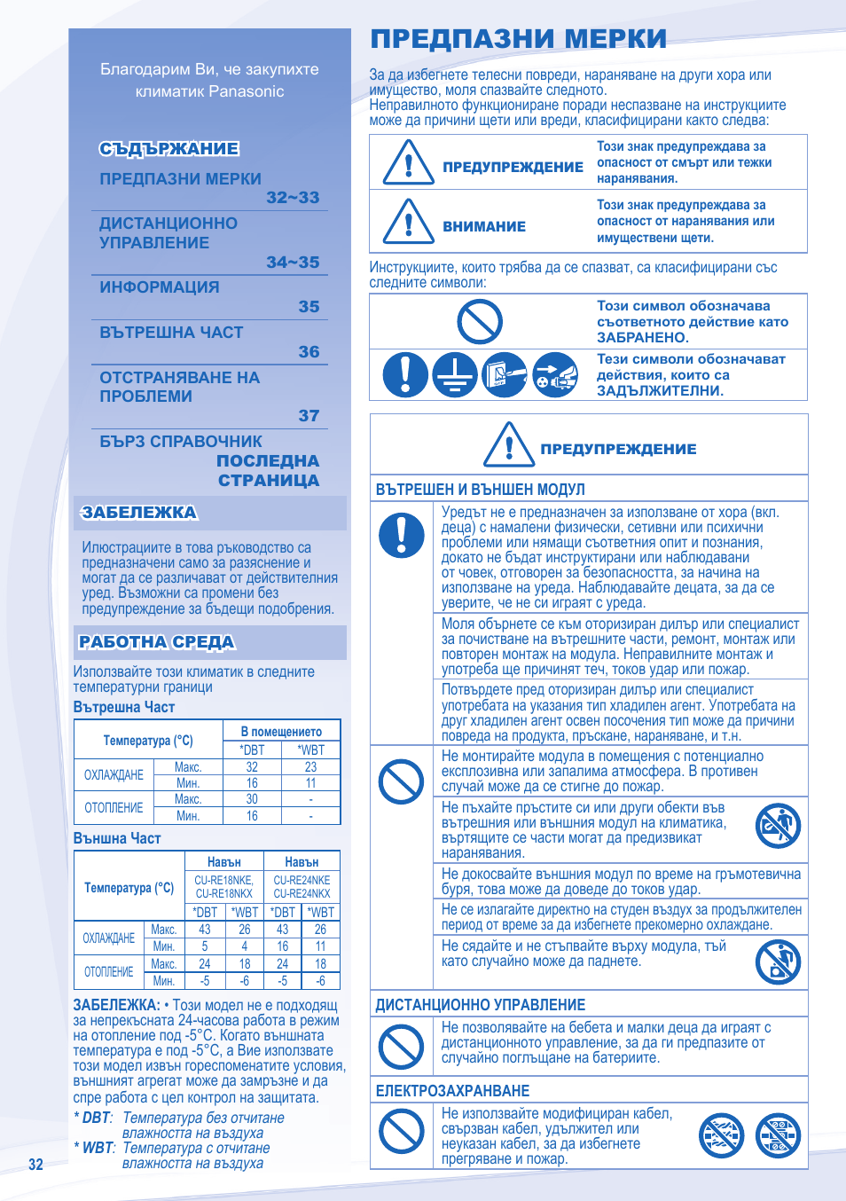 Предпазни мерки | Panasonic CSRE24NKX User Manual | Page 32 / 40