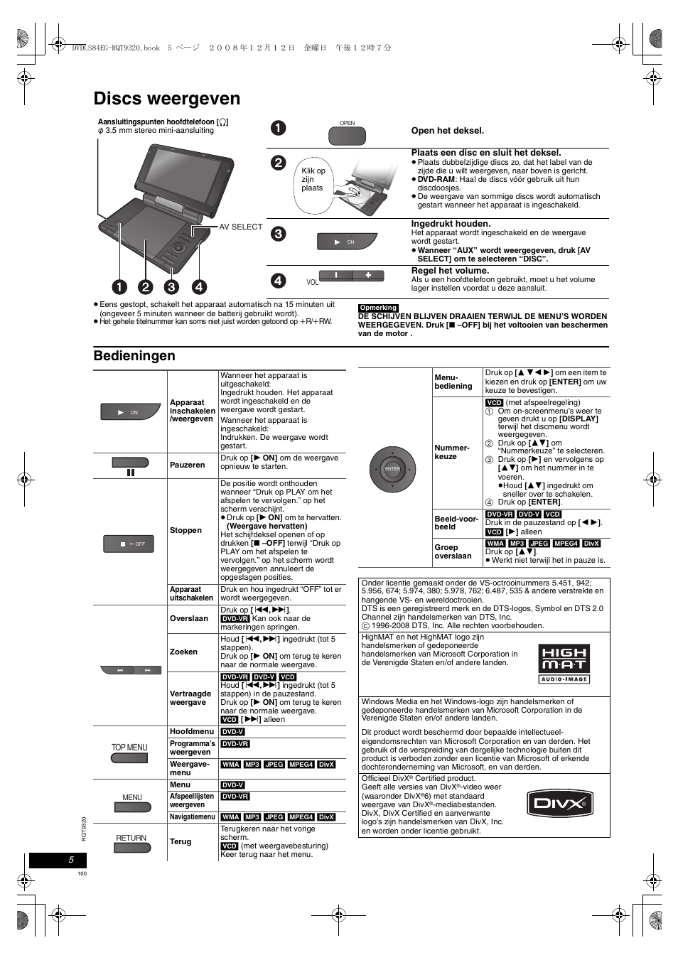 Discs weergeven, Bedieningen | Panasonic DVDLS84 User Manual | Page 100 / 108