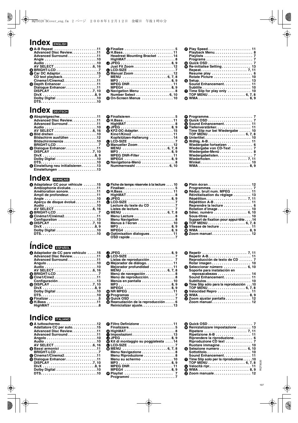 Index, Índice, Indice | Panasonic DVDLS84 User Manual | Page 107 / 108