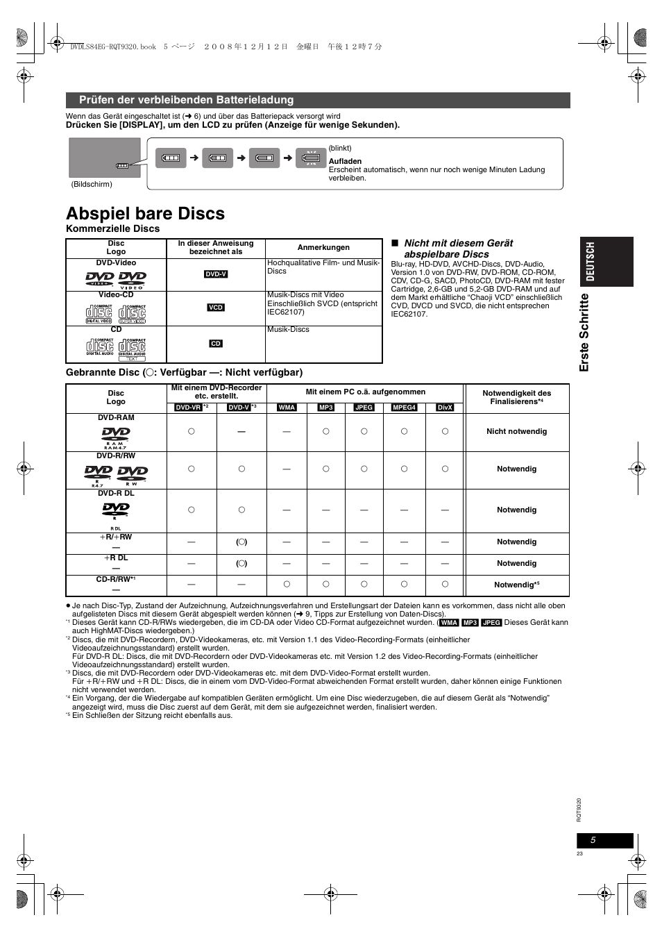 Abspiel bare discs, Prüfen der verbleibenden batterieladung | Panasonic DVDLS84 User Manual | Page 23 / 108
