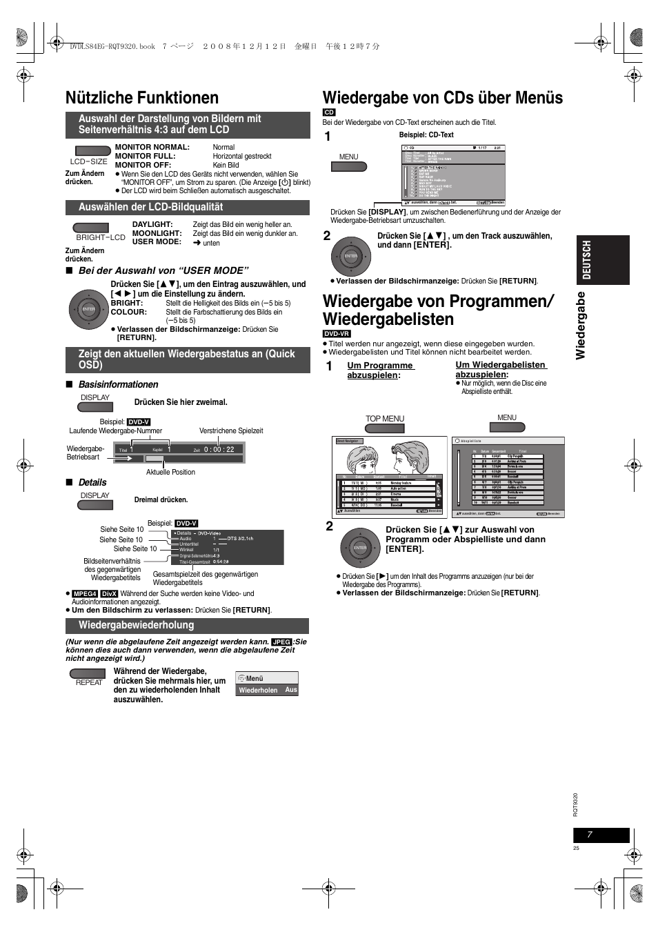 Nützliche funktionen, Wiedergabe von cds über menüs, Wiedergabe von programmen / wiedergabelisten | Wie d e rga be, Auswählen der lcd-bildqualität, Wiedergabewiederholung, Bei der auswahl von “user mode, Basisinformationen, Details | Panasonic DVDLS84 User Manual | Page 25 / 108