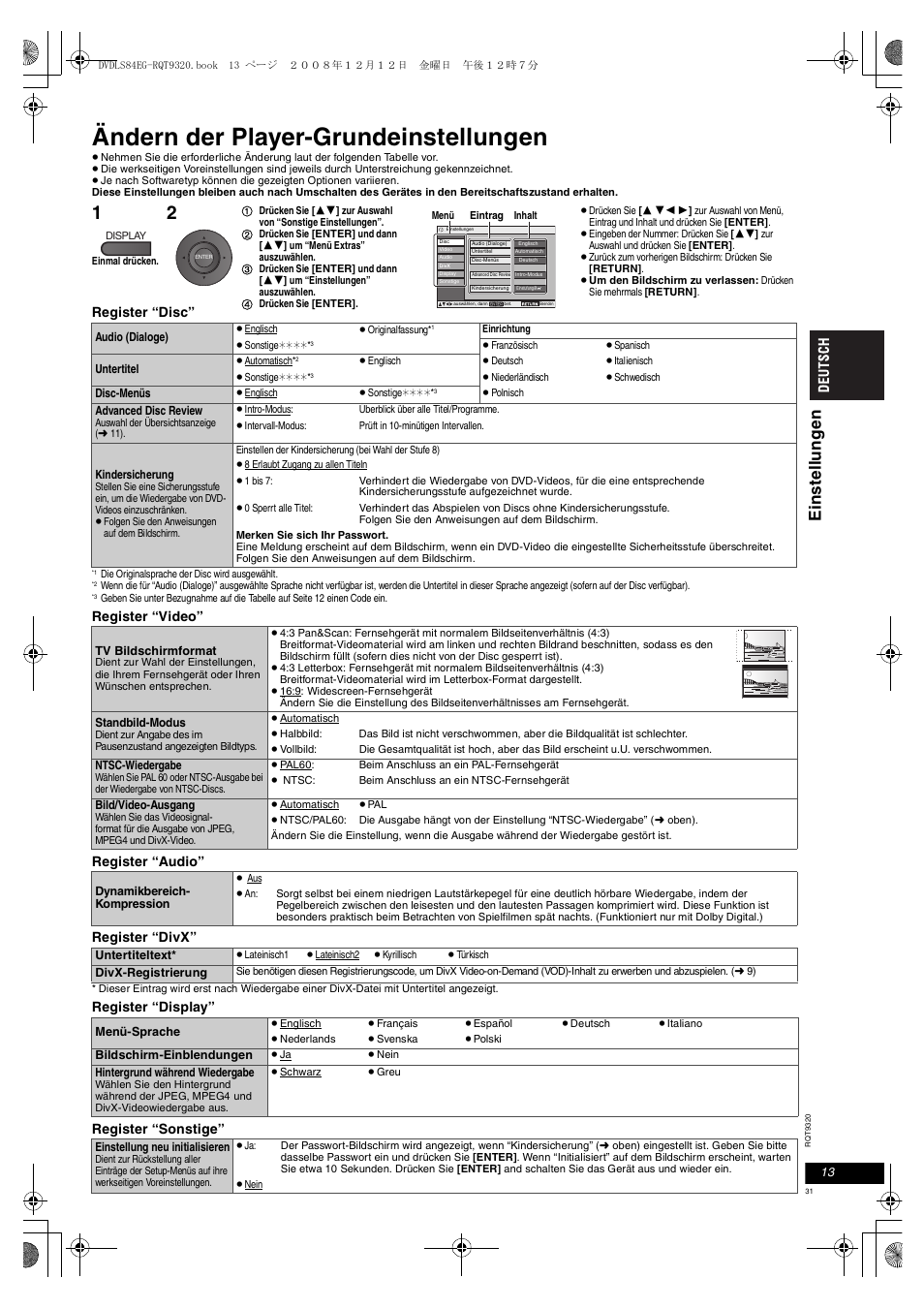 Ändern der player-grundeinstellungen, Eins te ll ung e n, Register “disc | Register “video” register “audio” register “divx, Register “display” register “sonstige | Panasonic DVDLS84 User Manual | Page 31 / 108