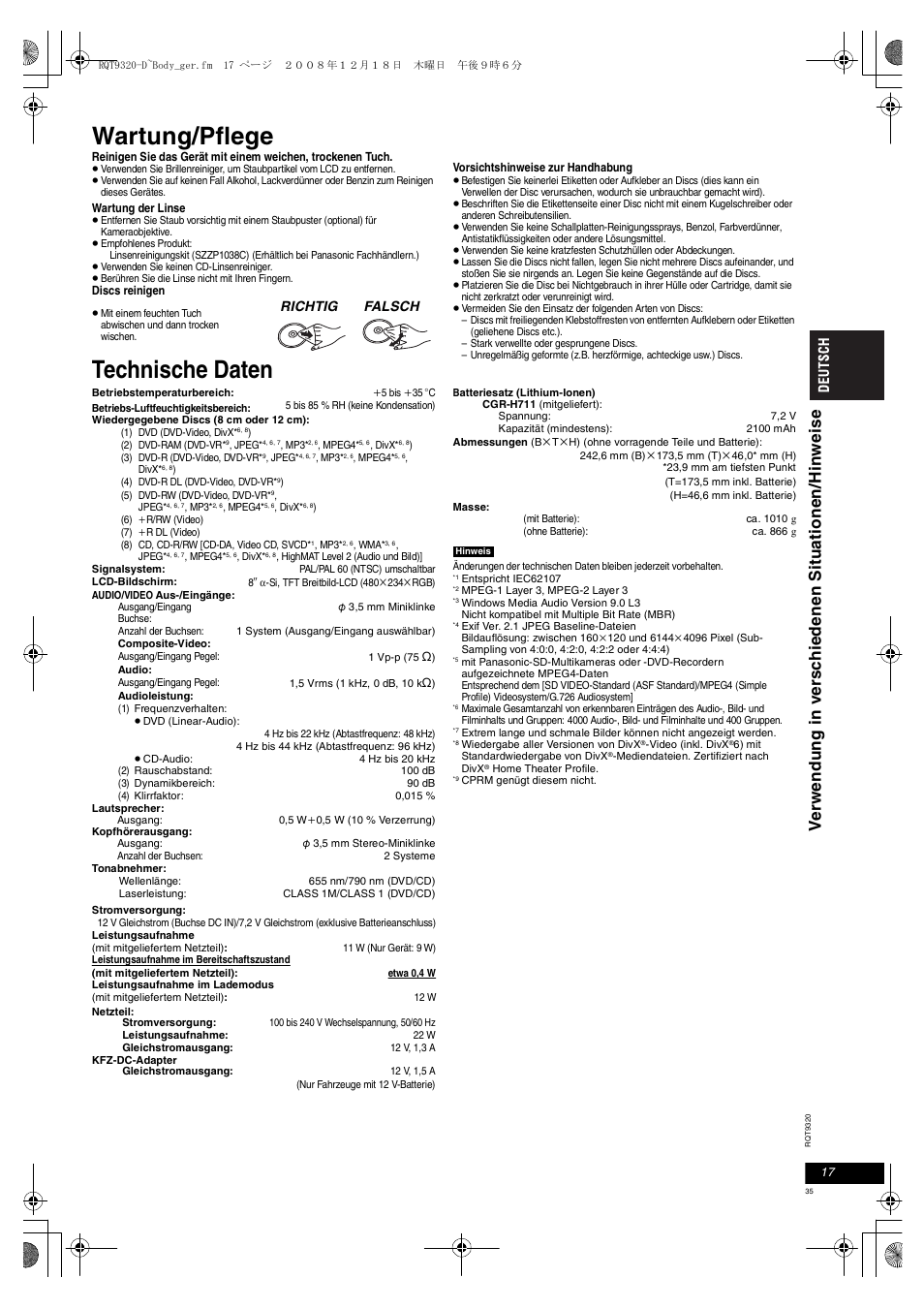 Wartung/pflege, Technische daten | Panasonic DVDLS84 User Manual | Page 35 / 108