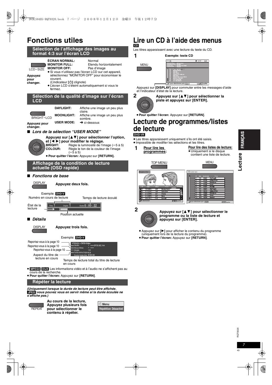 Fonctions utiles, Lire un cd à l’aide des menus, Lecture de programmes / listes de lecture | Le c tu re, Sélection de la qualité d’image sur l’écran lcd, Répéter la lecture, Lors de la sélection “user mode, Fonctions de base, Détails | Panasonic DVDLS84 User Manual | Page 43 / 108