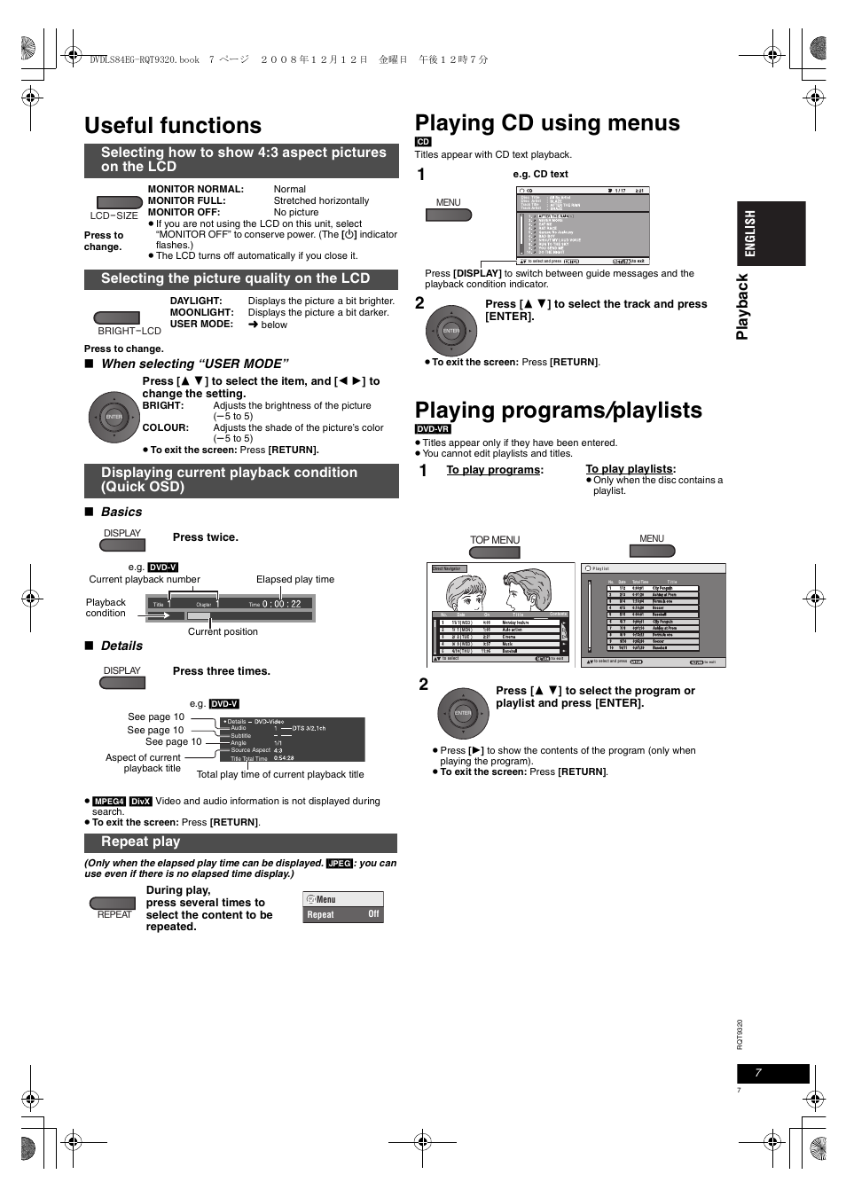 Useful functions, Playing cd using menus, Playing programs / playlists | Playb a c k, Selecting the picture quality on the lcd, Displaying current playback condition (quick osd), Repeat play, When selecting “user mode, Basics, Details | Panasonic DVDLS84 User Manual | Page 7 / 108