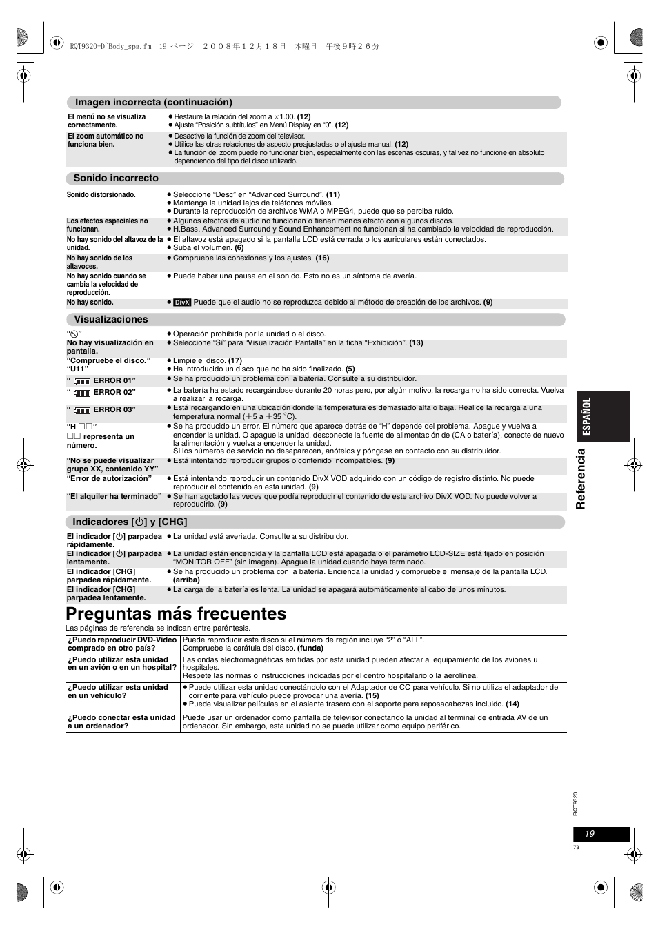 Preguntas más frecuentes, Re fe re nc ia | Panasonic DVDLS84 User Manual | Page 73 / 108