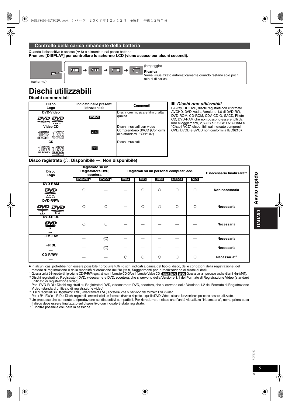 Dischi utilizzabili, Av v io ra pido, Controllo della carica rimanente della batteria | Panasonic DVDLS84 User Manual | Page 77 / 108