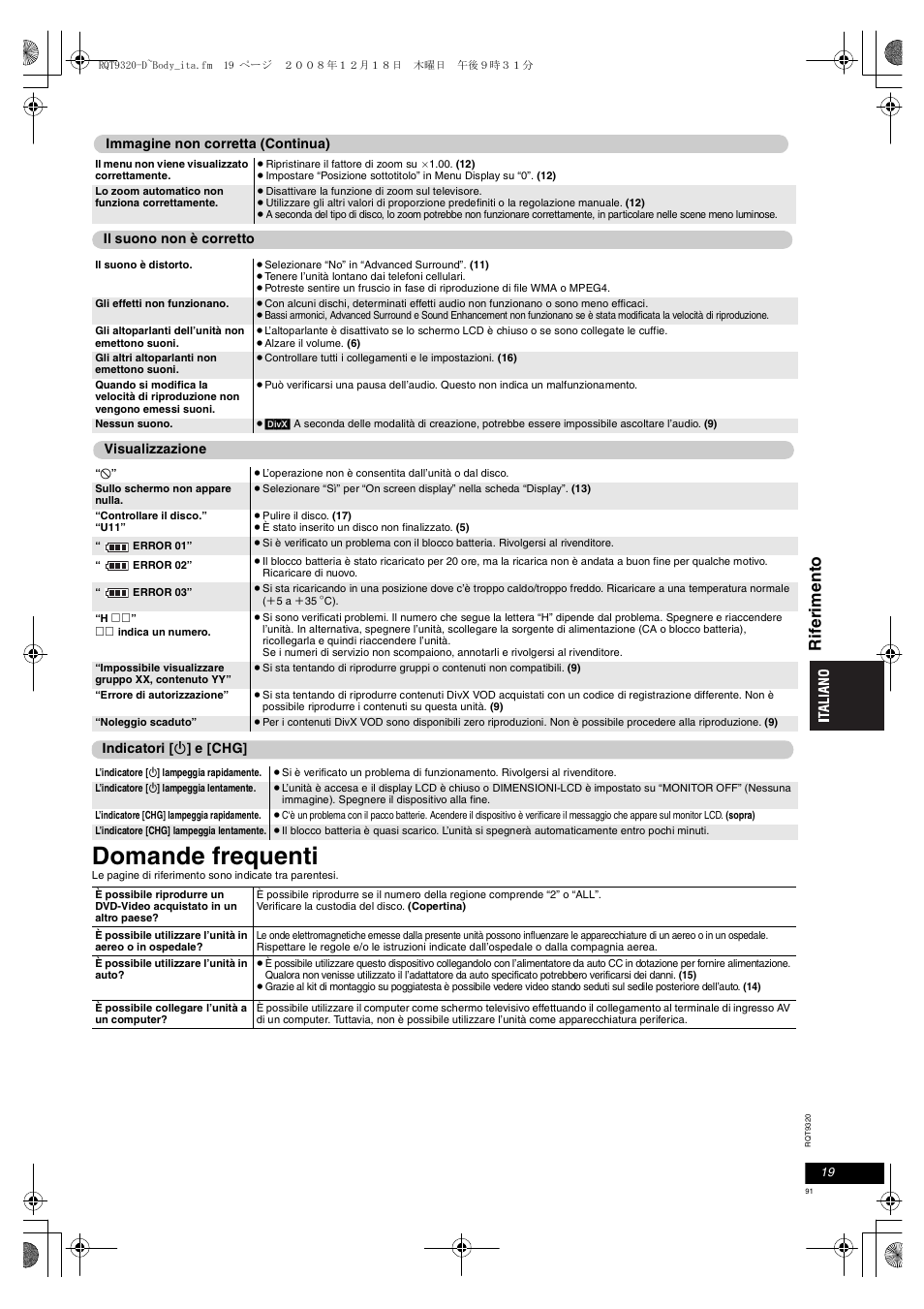 Domande frequenti, Rif e rim e nt o | Panasonic DVDLS84 User Manual | Page 91 / 108