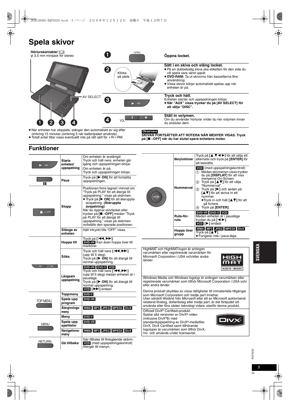 Spela skivor, Funktioner | Panasonic DVDLS84 User Manual | Page 95 / 108