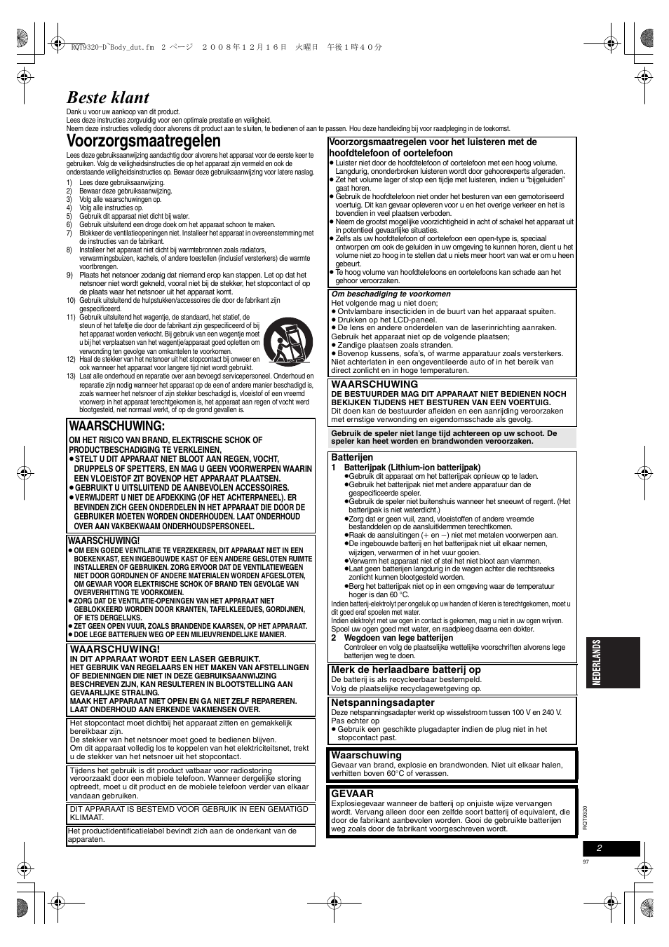 Beste klant, Voorzorgsmaatregelen, Waarschuwing | Panasonic DVDLS84 User Manual | Page 97 / 108