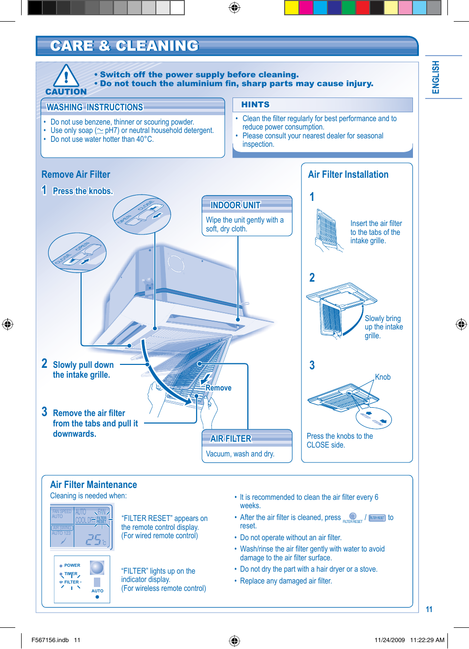 Care & cleaning, Air filter maintenance, Remove air filter air filter installation | Panasonic U5LA1E5 User Manual | Page 11 / 112