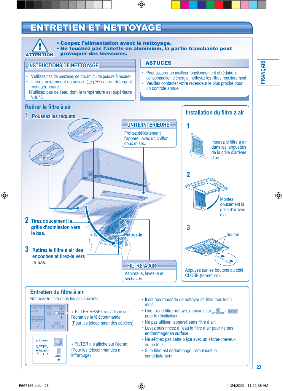 Entretien et nettoyage, Entretien du fi ltre à air, Retirer le fi ltre à air | Installation du fi ltre à air | Panasonic U5LA1E5 User Manual | Page 23 / 112