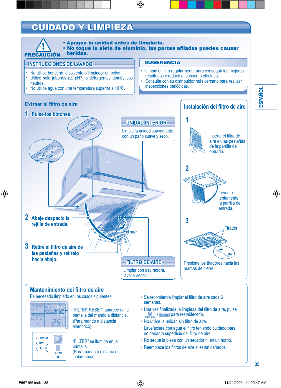 Cuidado y limpieza, Mantenimiento del fi ltro de aire, Extraer el fi ltro de aire | Instalación del fi ltro de aire | Panasonic U5LA1E5 User Manual | Page 35 / 112