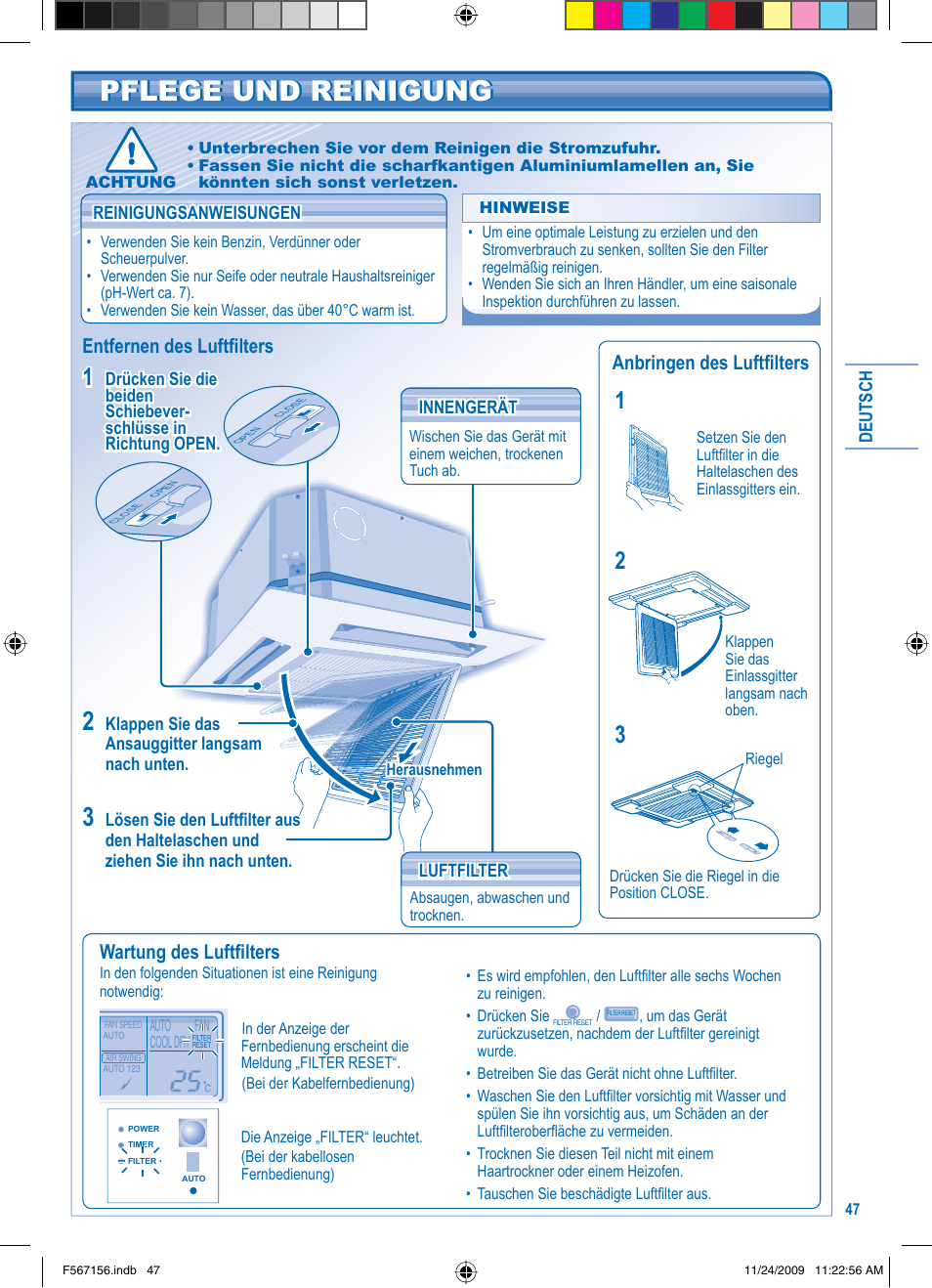 Pflege und reinigung, Wartung des luftfi lters | Panasonic U5LA1E5 User Manual | Page 47 / 112