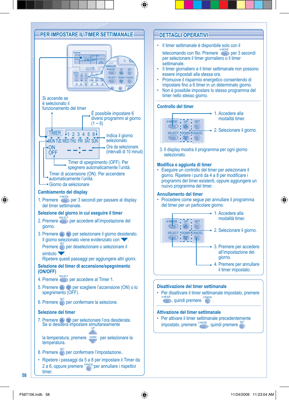 On off timer, Dettagli operativi dettagli operativi, Cambiamento del display 1. premere | Per selezionare la temperatura. 8. premere, Quindi premere | Panasonic U5LA1E5 User Manual | Page 58 / 112