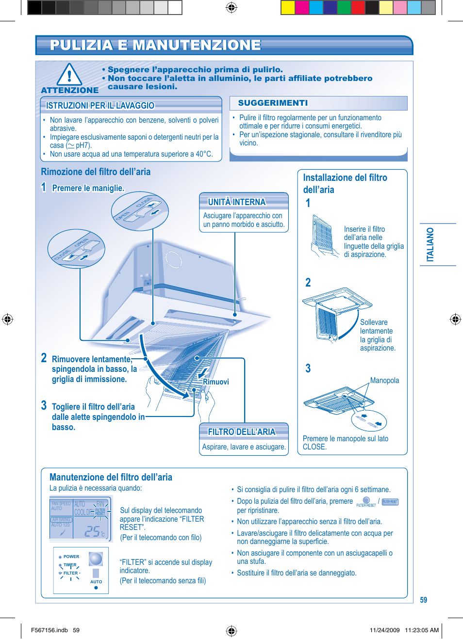 Pulizia e manutenzione, Manutenzione del fi ltro dell’aria | Panasonic U5LA1E5 User Manual | Page 59 / 112