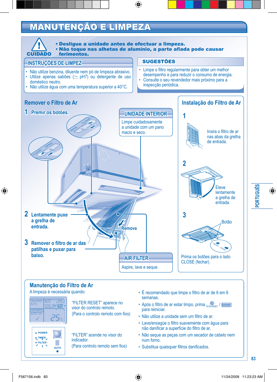 Manutenção e limpeza, Manutenção do filtro de ar, Remover o filtro de ar instalação do filtro de ar | Panasonic U5LA1E5 User Manual | Page 83 / 112